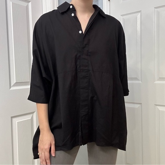 RHODE Shirt Button Down Black Cotton Oversized Lagenlook Size Extra Small - Picture 8 of 8